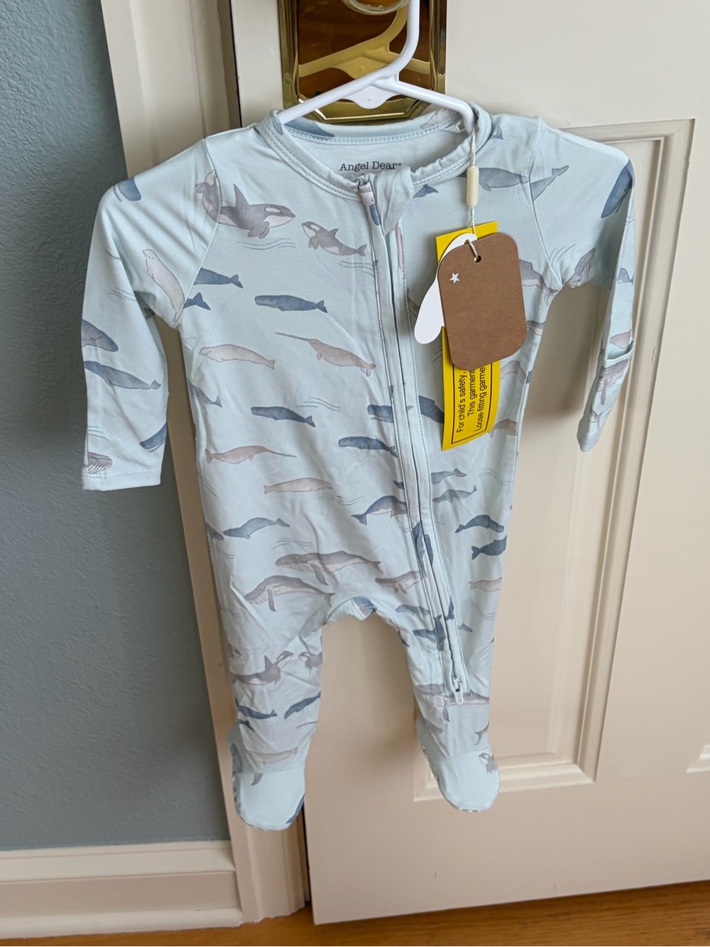 NWT Angel Dear bamboo Light Blue Whale Print Zipper Footed One-Piece Pajama 3-6M